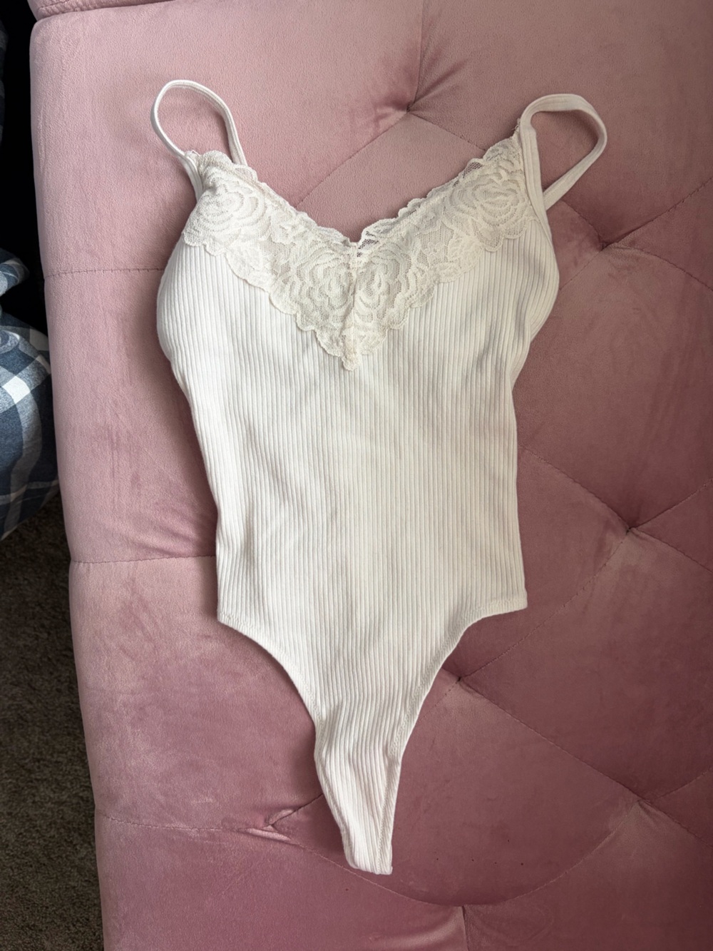 PINK Victoria's Secret White Ribbed Lace-Trim Tank
